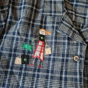Vtg Plaid Embroidered Button Up Shirt Petite Linen Cotton Folk Art Cottagecore
